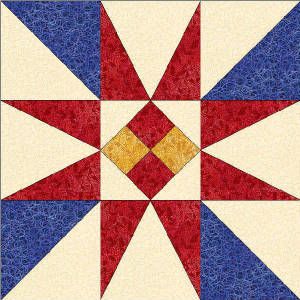 a red, white and blue quilt with an abstract design on the center is shown