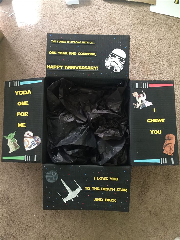 an open star wars themed box on the floor