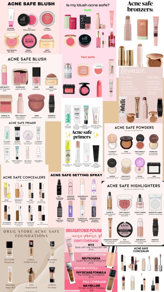 Boards that represent many acne safe makeup products, many that are drug store friendly. Acne Safe Makeup, Safe Makeup, Acne Makeup, Simple Makeup Tips, Makeup Accesories, Makeup Help, Makeup Guide, Makeup Must Haves, Drugstore Makeup