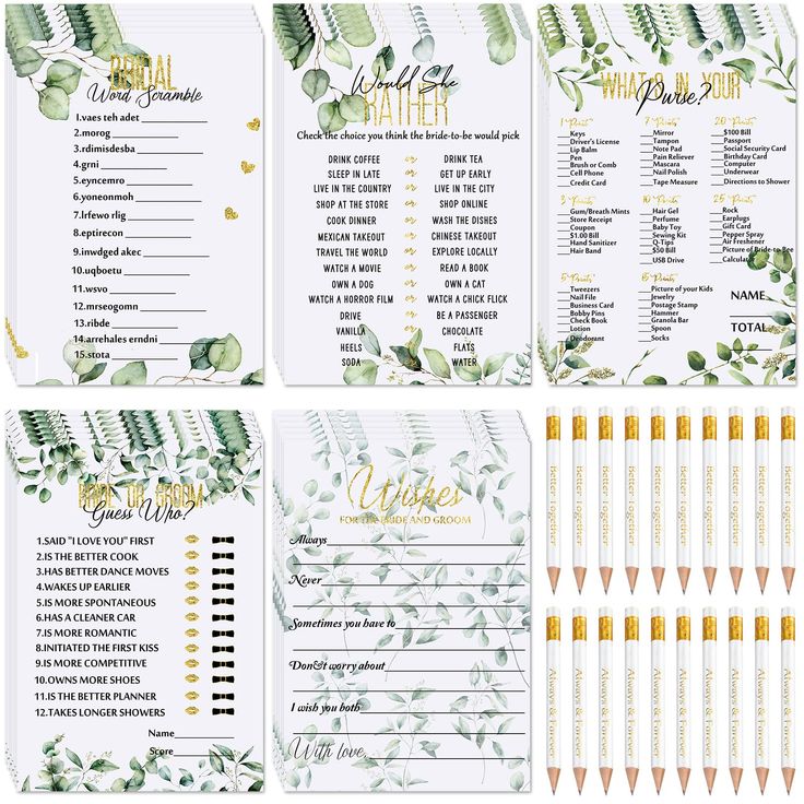 the wedding program is shown with pencils and greenery in gold foil on white paper