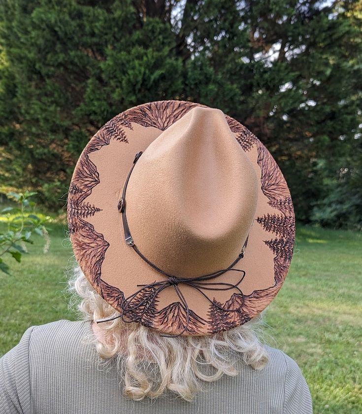 Landscape Hat, Mountain Burnt Hat, Woodburned Cowgirl Hat, Forest Hat, Cross Hat, Christian Gift, Nature Gift, for Women, for Hiker, for Her - Etsy Bohemian Brown Hat For Outdoor, Brown Panama Hat For Country Events, Brown Country Style Felt Hat With Flat Bill, Brown Country Style Panama Hat With Short Brim, Brown Curved Brim Panama Hat For Western-themed Events, Brown Sun Hat For Western-themed Events With Short Brim, Brown Fedora With Short Brim For Country Events, Brown Brimmed Fedora One Size, Brown Fedora, One Size For Outdoor