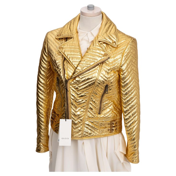 Metallic Look, Gucci Marmont, Textiles Fashion, Color Dorado, Metallic Colors, Biker Jacket, Knee High Boots, Front Zipper, Soft Leather