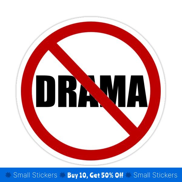 a sticker with the word drama in black and red, on a white background