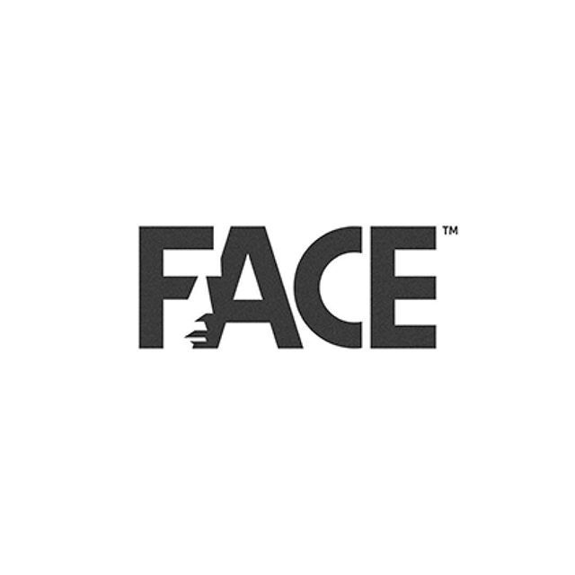 the face logo is shown in black and white, with an arrow pointing to it's left