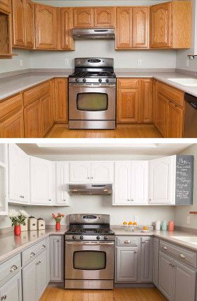 the before and after pictures of a kitchen remodel with wood cabinets, stainless steel appliances, and white countertops