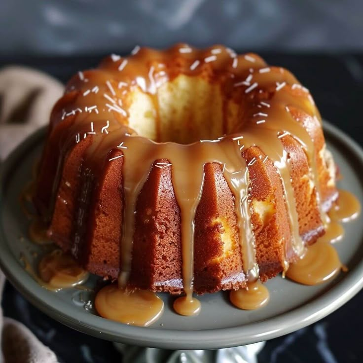 a bundt cake with caramel drizzled on the top, sitting on a plate