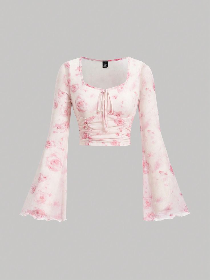 Women's Light-Pink Floral Printed Sweetheart Collar Flare Sleeve T-Shirt Baby Pink Casual  Long Sleeve Knitted Fabric Floral,Tie Dye  Medium Stretch  Women Clothing, size features are:Bust: ,Length: ,Sleeve Length: Pale Pink Clothes, Cute Tops To Wear With Jeans, Pink Cute Clothes, Cute Pink Shirts, Cute Shein Clothes, Cute Pink Clothes, Pink Dress Outfit Casual, Coquette Shirts, Shirt With Flared Sleeves