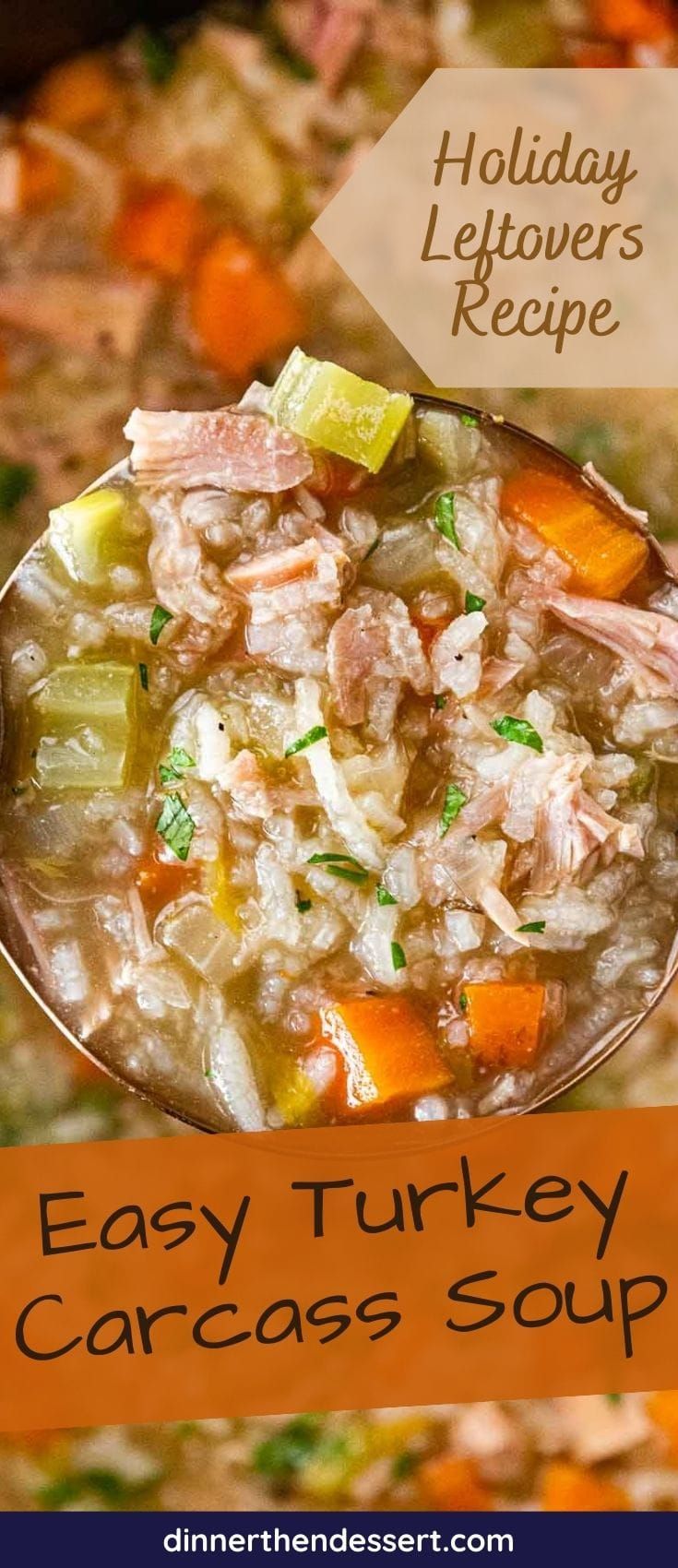 a spoon full of turkey and cabbage soup with the words easy turkey carcass soup