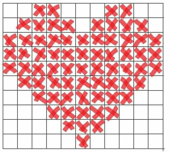 a cross stitch pattern with red squares in the shape of a heart