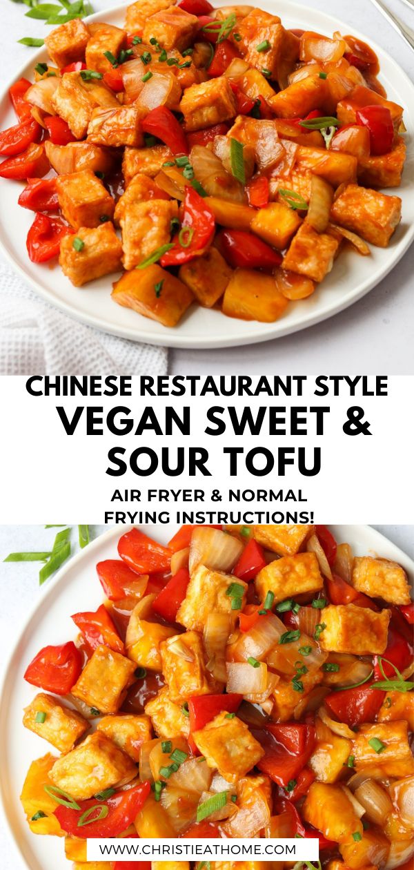 two plates with food on them and the words chinese restaurant style vegan sweet & sour tofu