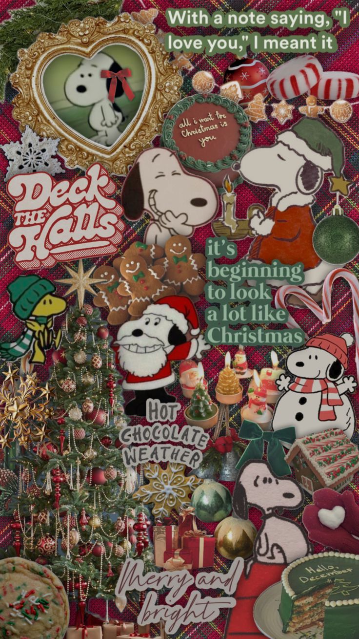 a christmas collage with snoopy and friends