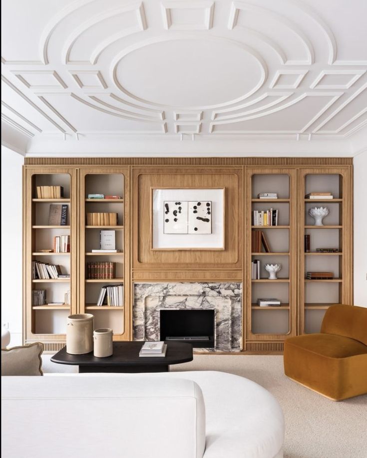 a living room filled with furniture and bookshelves next to a fire place in a fireplace