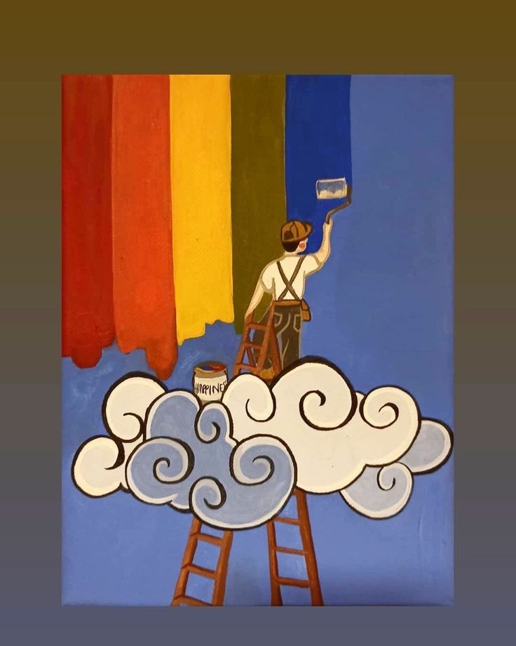 a painting of a man on top of a ladder holding a paint roller in front of a rainbow flag