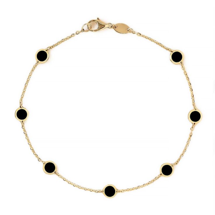 Semi-Precious Onyx Circles adorn a minimal 14K Solid Yellow Gold chain. The perfect gift for December birthdays 14K Solid Gold Onyx Gemstones Chain Thickness 1mm Circle Accents 4.6mm Chain Length: 6-6.75in(15-17cm), 6.75-7.5in(17-19cm) Hypoallergenic, lead and nickel free #BS076 Classic Black Jewelry With Chain Detail, Classic Black Chain Jewelry, Classic Gold Bracelet With Adjustable Chain, Elegant Black Chain Bracelet For Formal Occasions, Gold Bracelets With Black Enamel, Elegant 14k Gold Jewelry With Black Enamel, Classic Black Jewelry With Gold Chain, Luxury Bracelets With Delicate Chain, Elegant Black Bracelets In 14k Gold