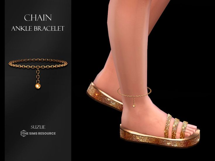 a woman's foot wearing gold sandals and a chain ankle bracelet