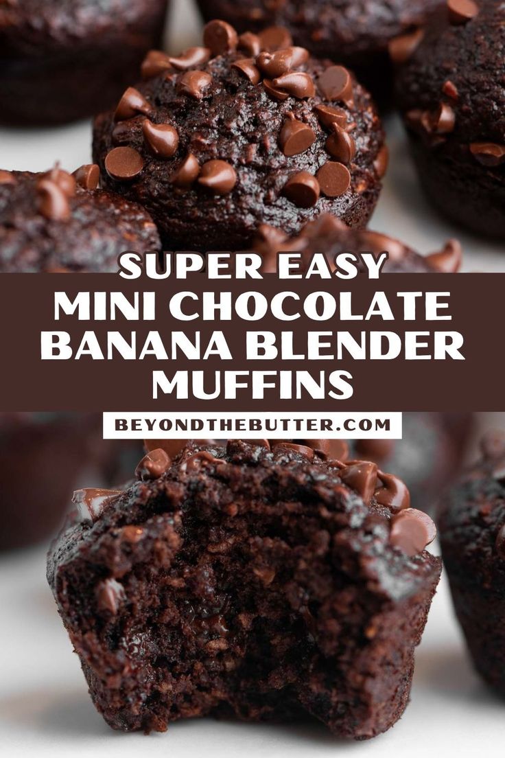 super easy mini chocolate banana blender muffins on a plate with text overlay