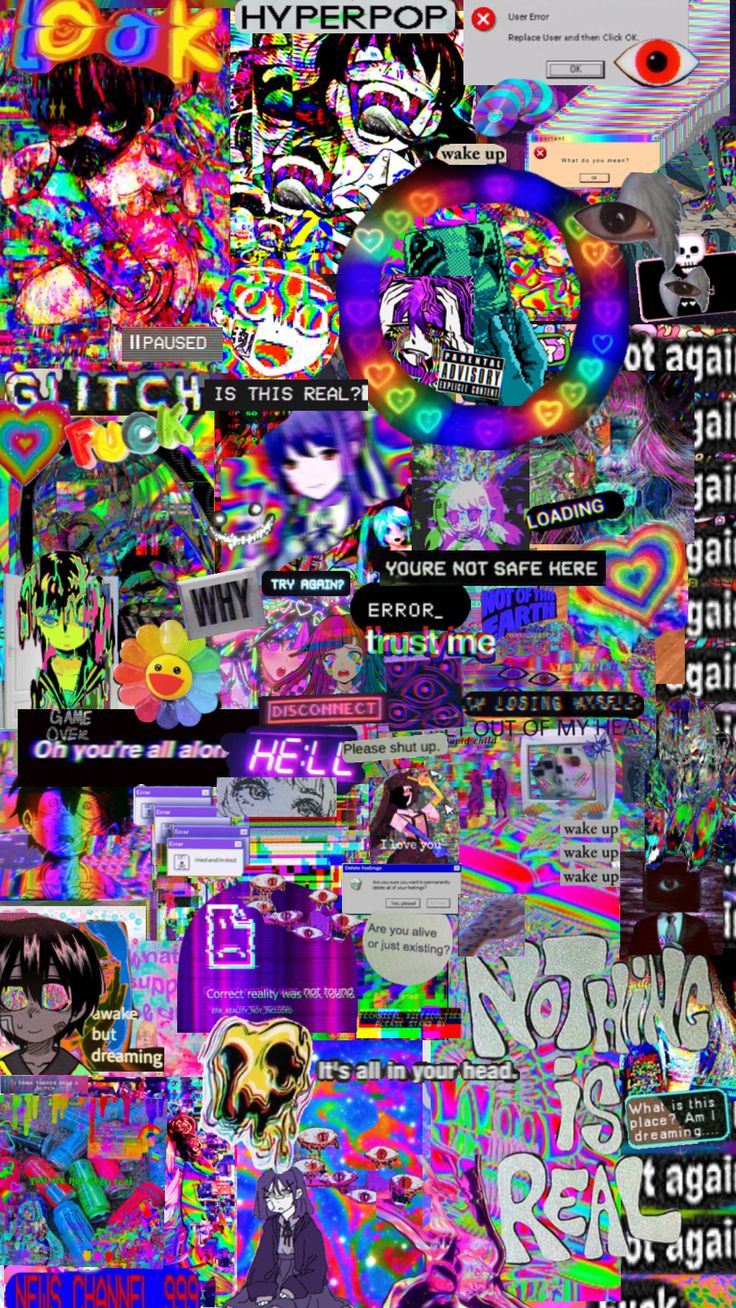 a collage of various stickers and decals on a cell phone screen, with the text hyper pop