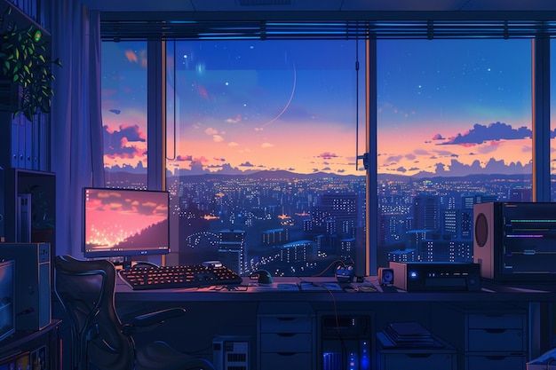 a computer desk sitting in front of a window overlooking a city at night with the sun going down