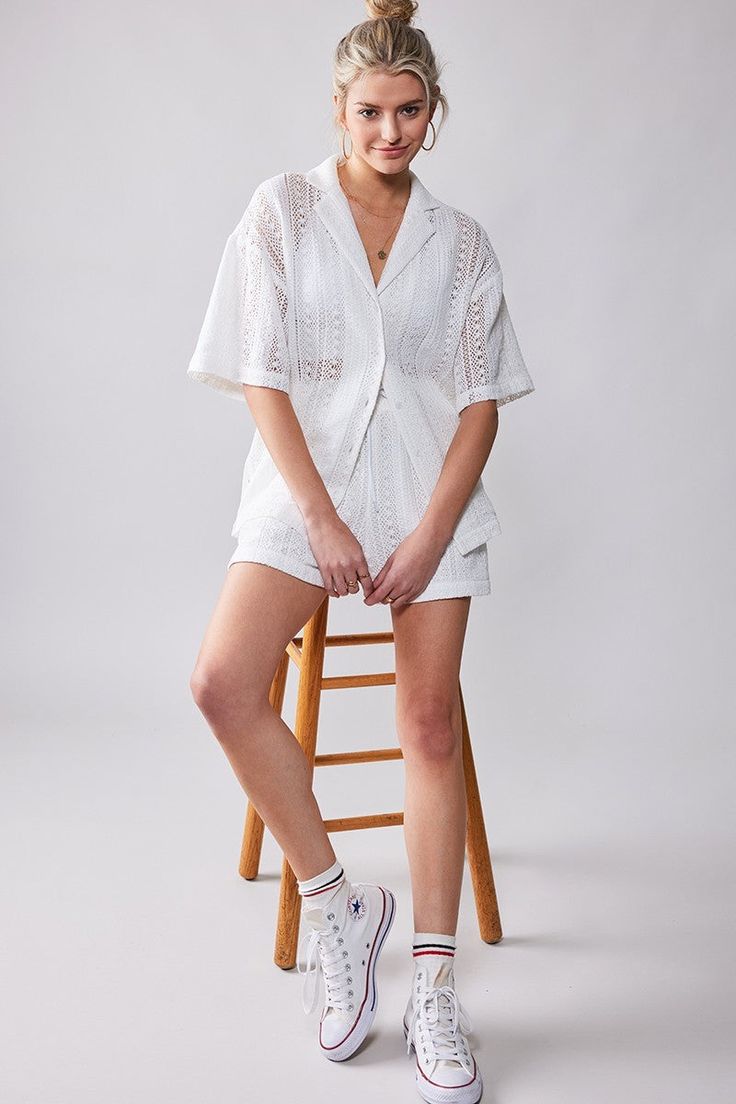 Effortlessly chic and comfortable, the Crochet Oversize Shirt is a must-have for any wardrobe. With its short sleeves, collar, and button down design, this shirt offers a relaxed and oversized fit for maximum comfort. The open knit pattern adds a touch of sophistication, making it perfect for any occasion. Collared Short Sleeve Shirt For Summer Daywear, Summer Short Sleeve Shirt With Relaxed Fit For Daywear, Relaxed Fit Short Sleeve Shirt For Summer Daywear, Relaxed Collared Shirt For Daywear, Relaxed Short Sleeve Shirt For Daywear, Effortless Summer Loungewear Blouse, Oversized Casual Blouse With Collared Neckline, Summer Relaxed Fit Shirt For Loungewear, Relaxed Collared Blouse For Daywear