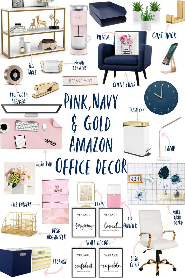 the pink navy and gold office decor is featured in this postcard style photo collage