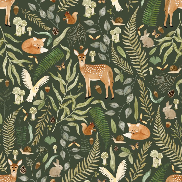 an animal themed wallpaper with deers, leaves and other animals in the forest