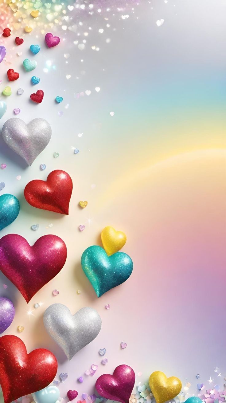 many hearts are floating in the air on a rainbow colored background with confetti