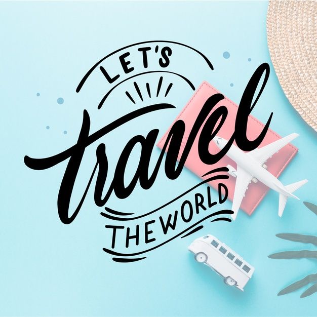 the words let's travel the world are next to an airplane and palm leaves