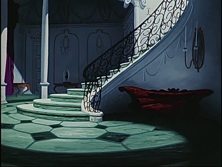 an animated image of a staircase in a house with green carpet and white railings