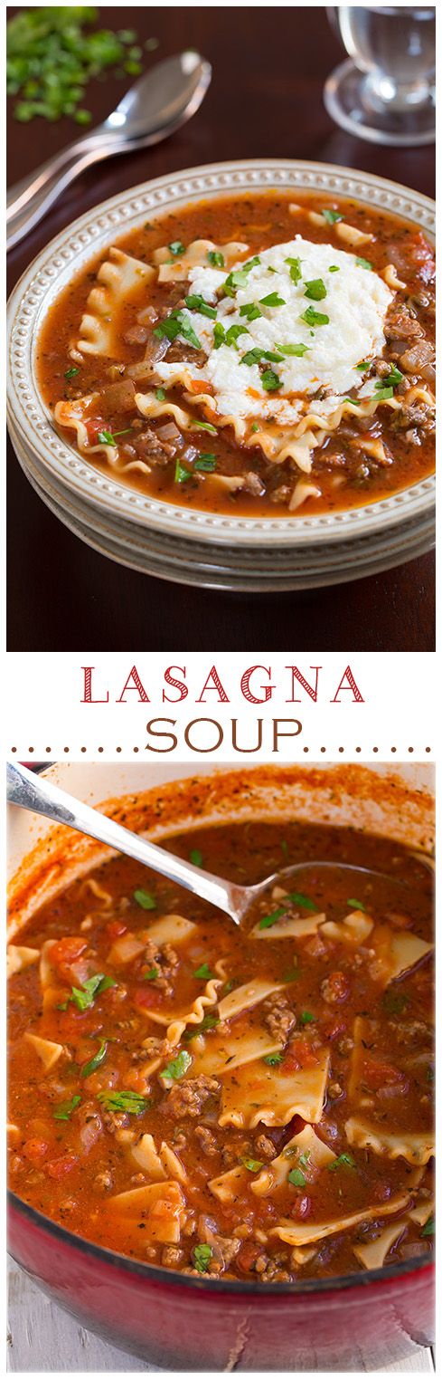 two pictures of lasagna soup with meat and sour cream