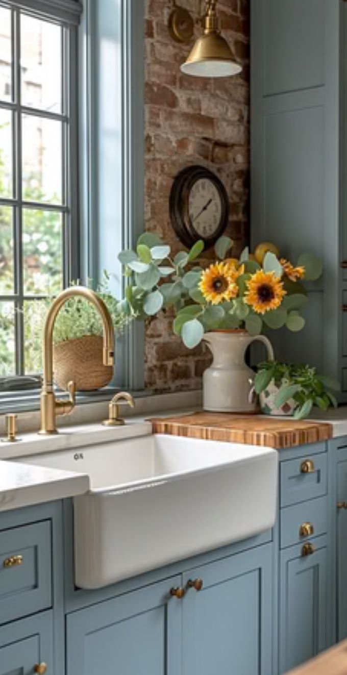 a kitchen with blue cabinets and sunflowers on the counter