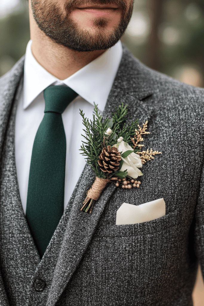 a man wearing a suit and tie with a boutonniere on his lapel