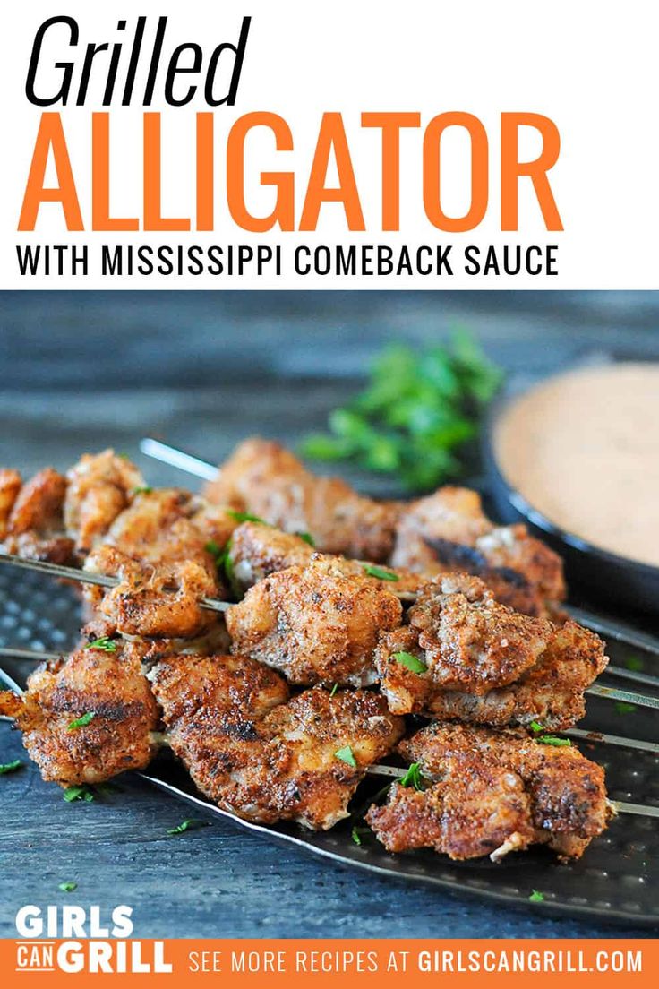 grilled alligator with mississippi come back sauce on a serving spoon and garnished with parsley