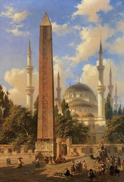 a painting of a large obelisk in the middle of a park with people around it