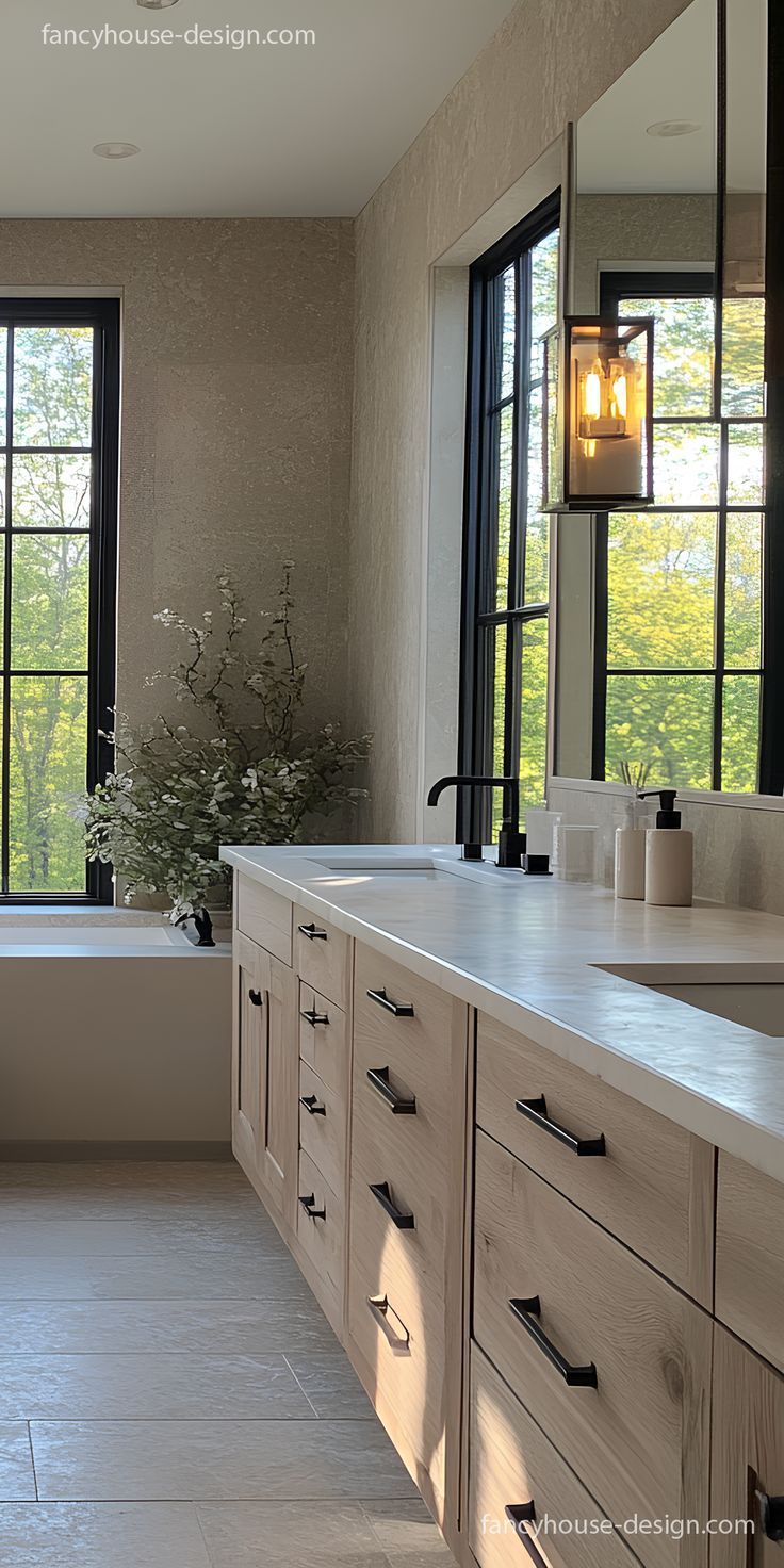 a large bathroom with two sinks and a bathtub