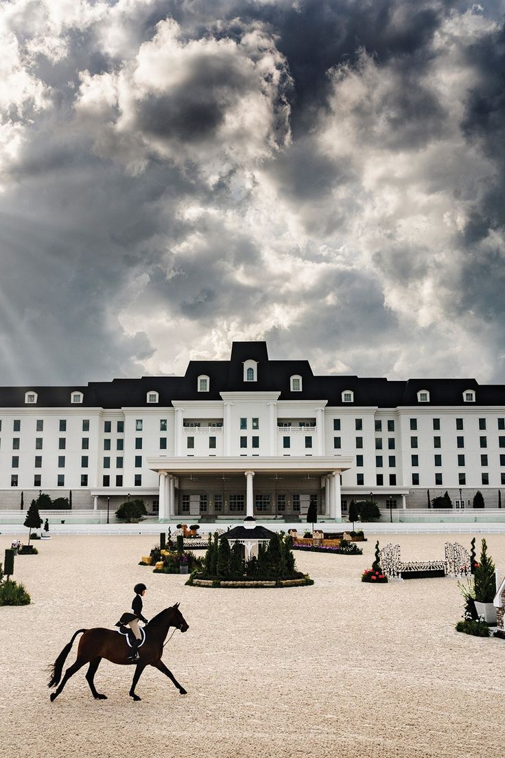 a horse is trotting in front of a large white building on a cloudy day