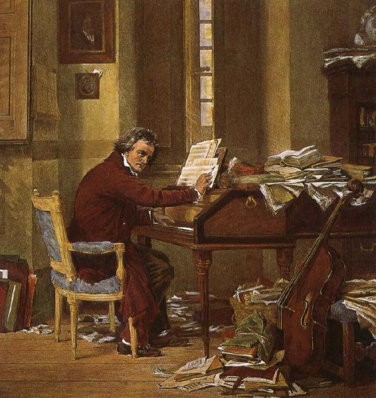 a painting of a man sitting at a desk with papers all over the floor and in front of him