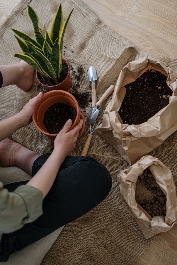 two people sitting on the ground with plants and dirt in their hands text reads how to make houseplant soil