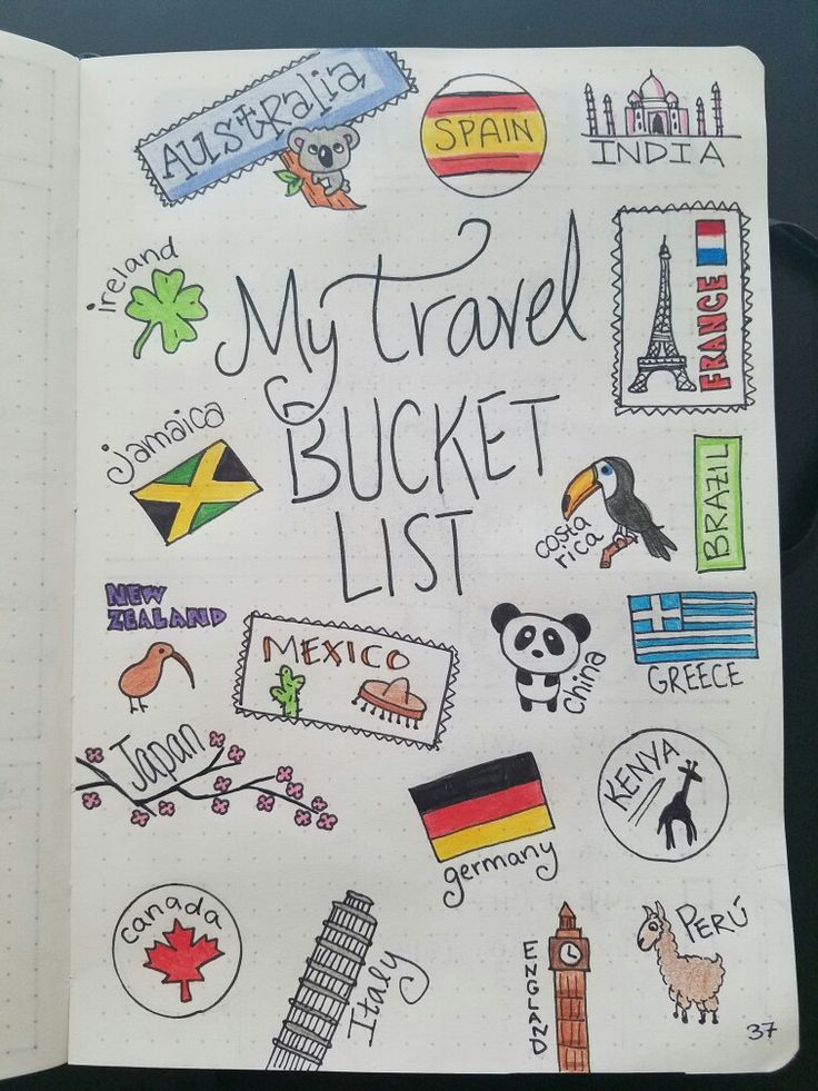 an open notebook with travel stickers on it