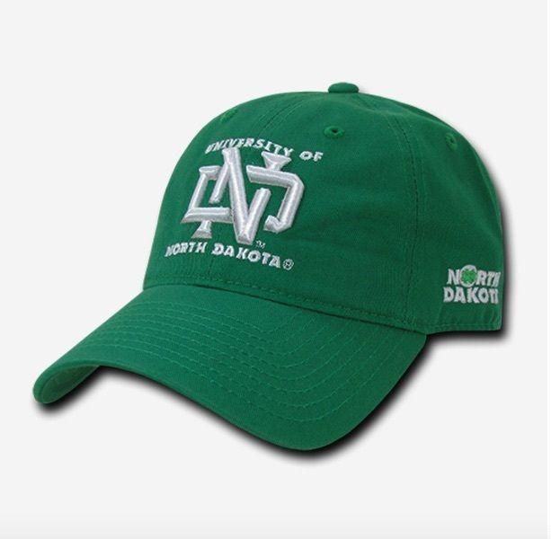 a green hat with the university of north dakota on it's front and side