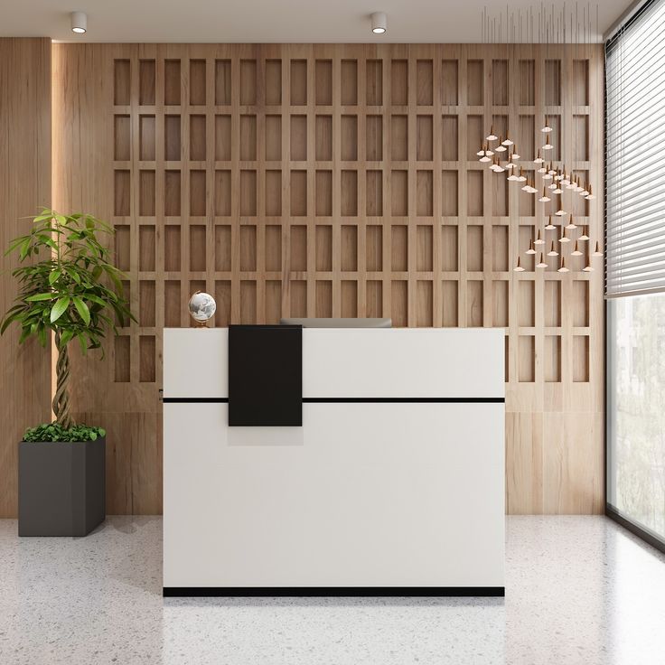 a white reception desk with a plant in the corner