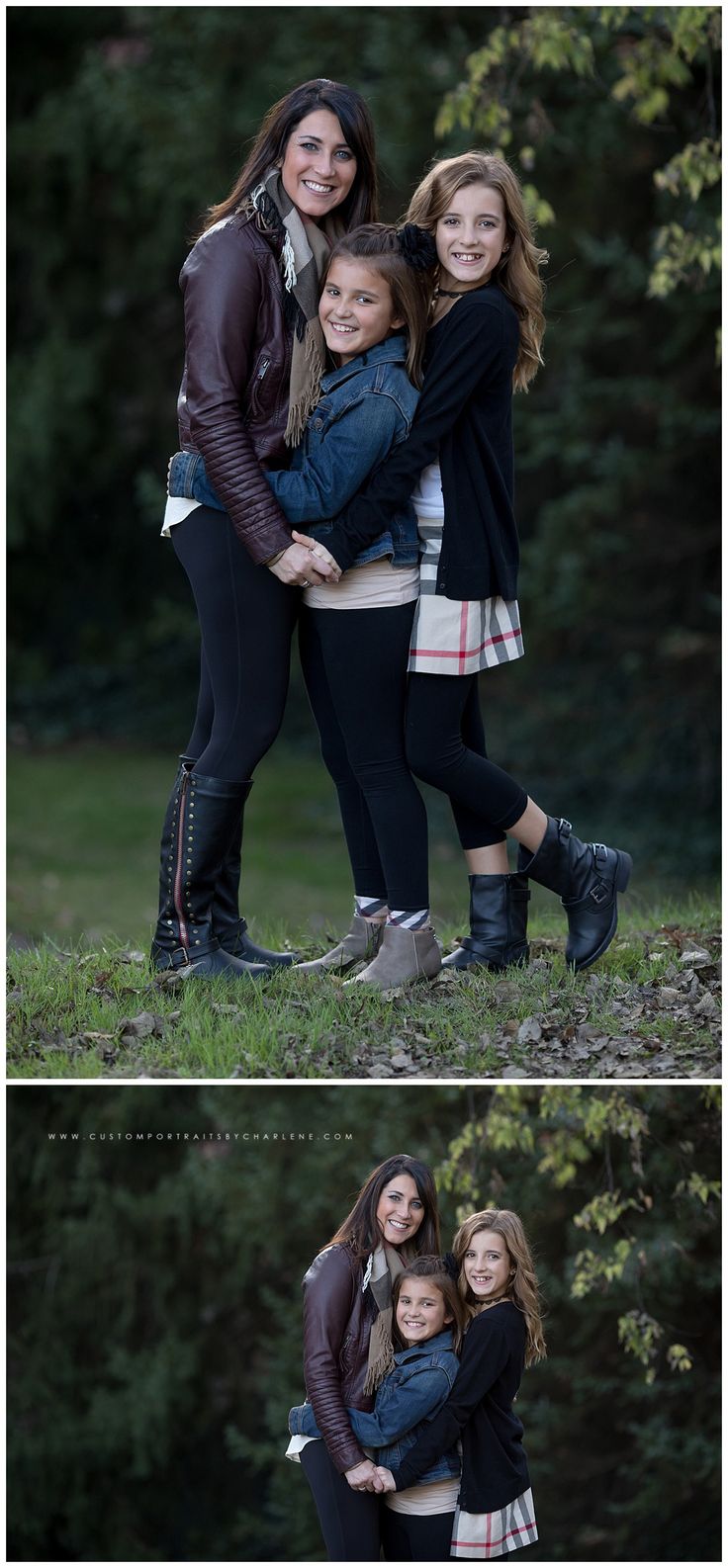 three girls hugging each other and posing for the camera