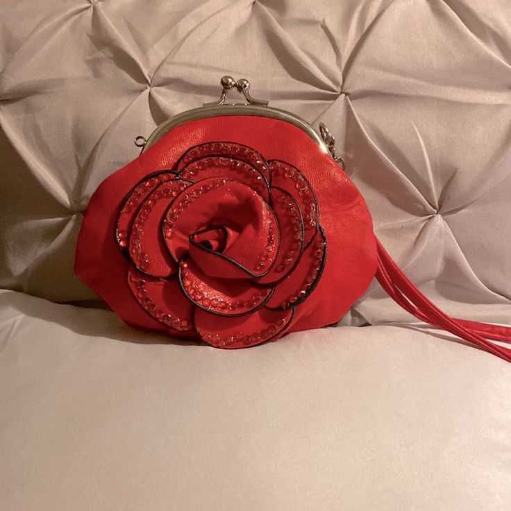 Red With Tiny Rhinestones Outlining The Petals. Clasp At Top Of Wristlet With Which It Opens. Brand New, Never Used. Elegant Red Wristlet, Large Clutch Purse, Silver Clutch Purse, Purple Clutch, Envelope Purse, Sequin Clutch, Leather Clutch Purse, Silver Clutch, Straw Clutch