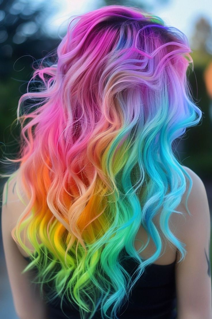 Colorful Hair Balayage, Vivid Rainbow Hair, Rainbow Colored Hair, Vibrant Hair Dye Ideas, Rainbow Hair Dye Ideas, Fantasy Colors Hair, Hair Color Ideas Rainbow, Summer Colored Hair, Dyed Hair Rainbow