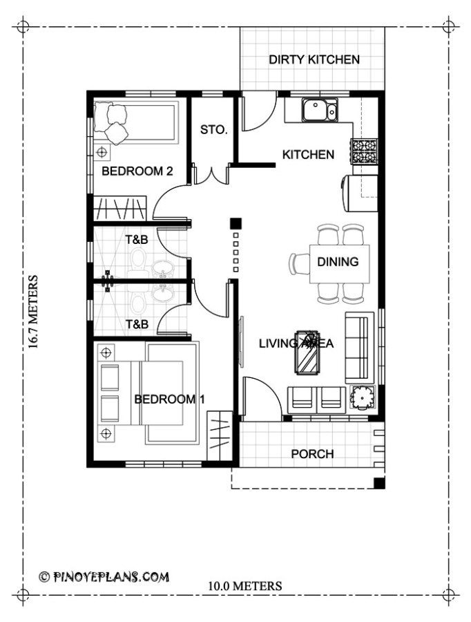 the floor plan for a small house with two bedroom and living room, including an attached kitchen