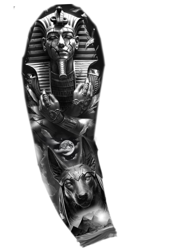 black and white tattoo with an image of the egyptian god on his arm that is covered in tattoos