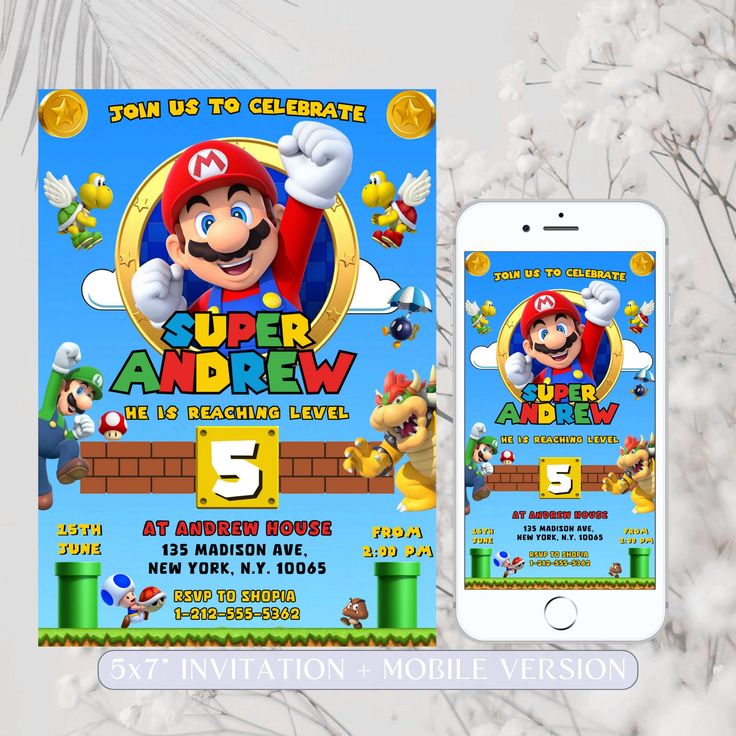 an image of a nintendo birthday party with mario and luigi on the front, along with other items