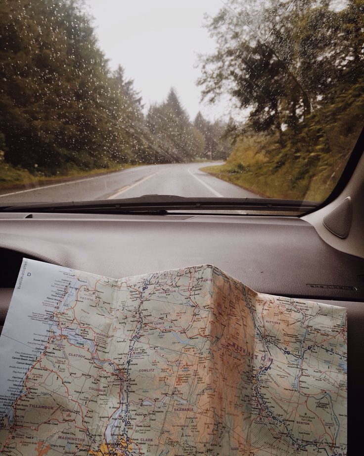 a map sitting on the dashboard of a car with trees in the backgroud