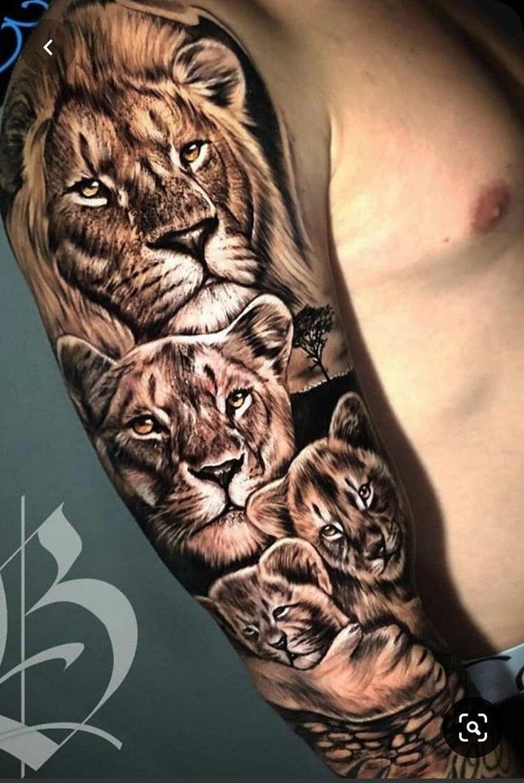 a man's arm with an image of two lions and three cubs on it