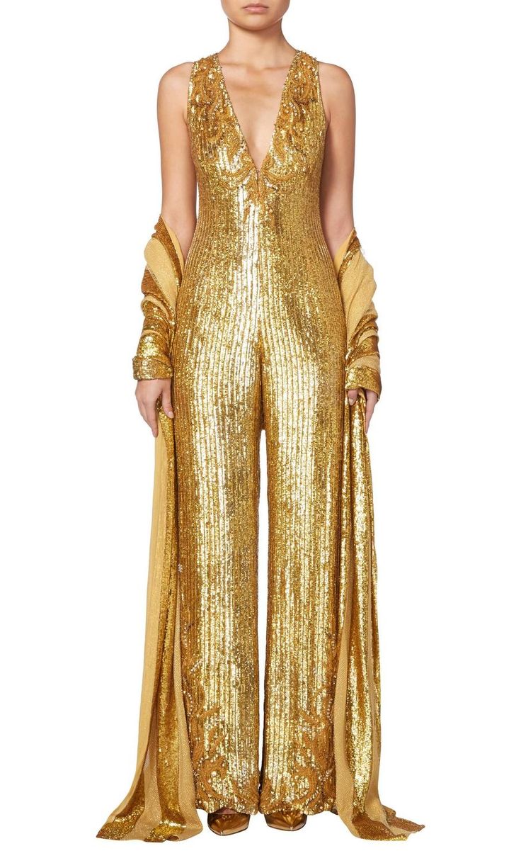 Balestra gold sequin jumpsuit, circa 1990 | From a collection of rare vintage… Golden Wedding Dress, Gold Sequin Jumpsuit, Wedding Guest Outfit Ideas, Gold Jumpsuit, Dresses Wedding Guest, Outfit Ideas Summer, Monochromatic Outfit, Muslim Outfits Casual, Gold Outfit