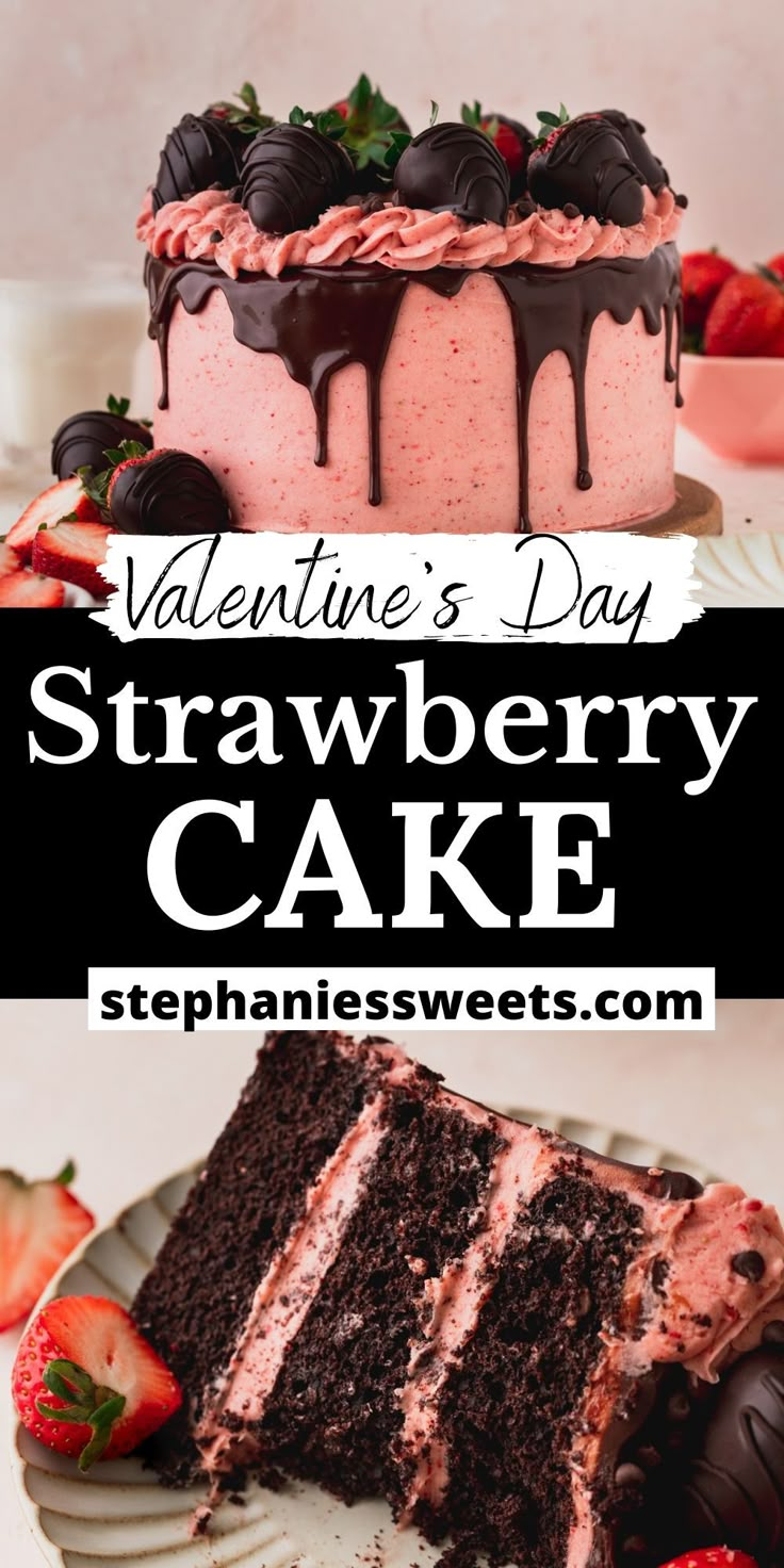 valentine's day strawberry cake with chocolate frosting and strawberries